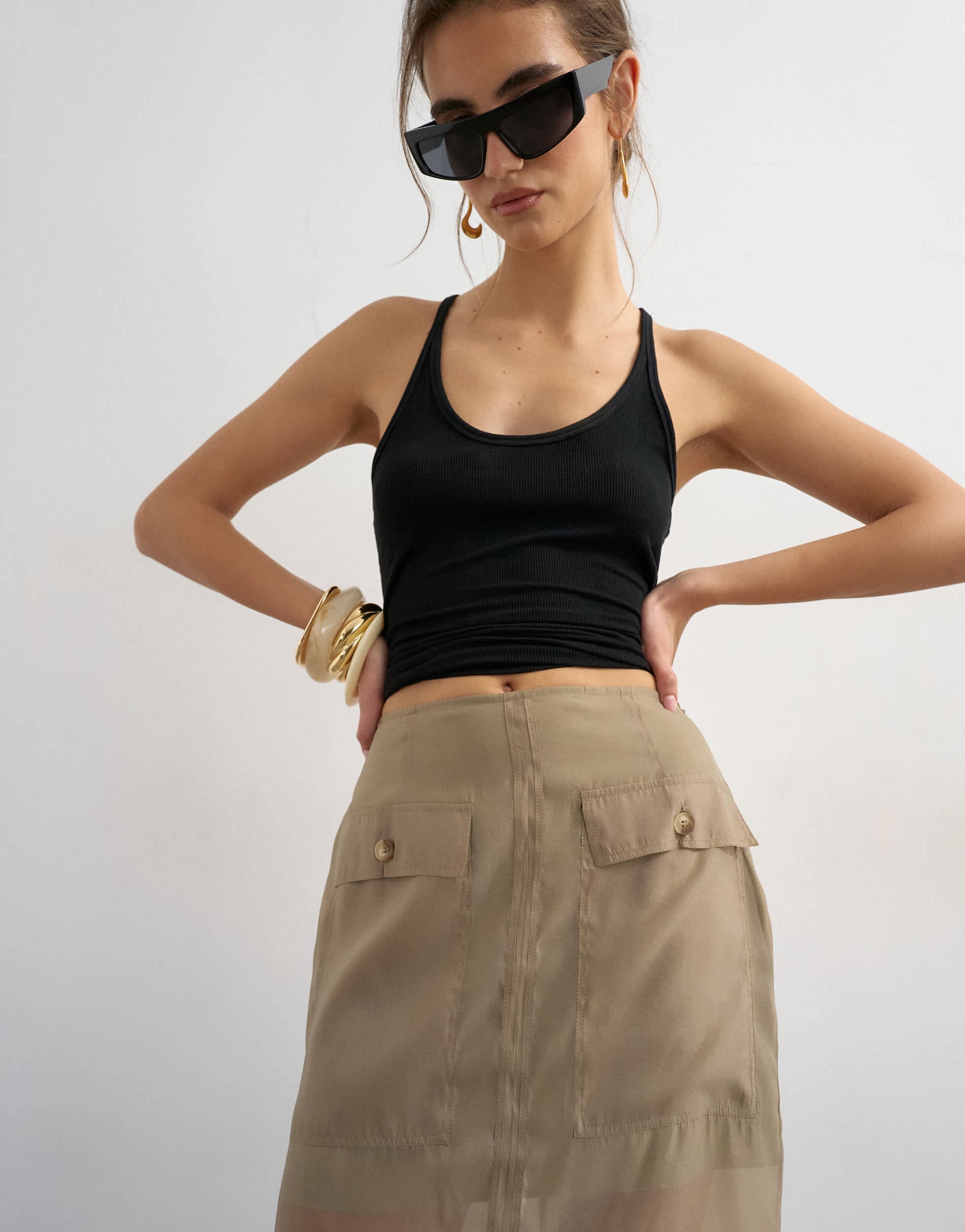 Topshop organza column maxi skirt with pockets in brown mink