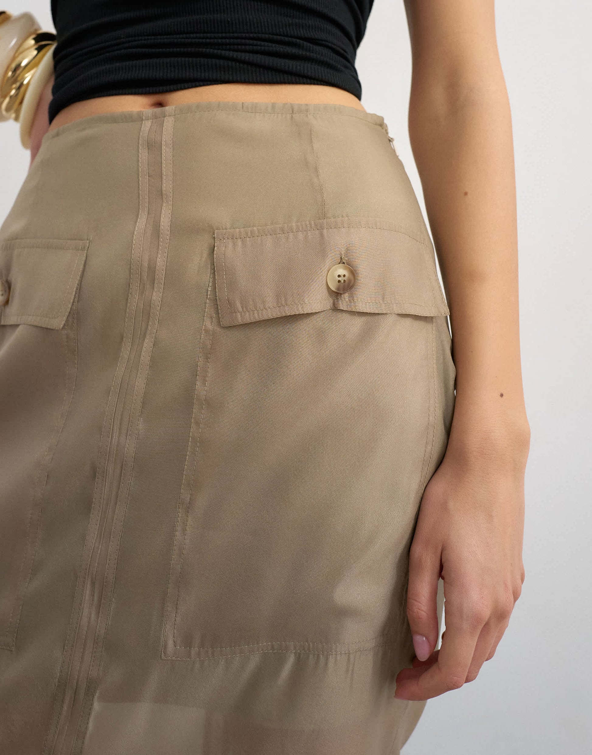 Topshop organza column maxi skirt with pockets in brown mink