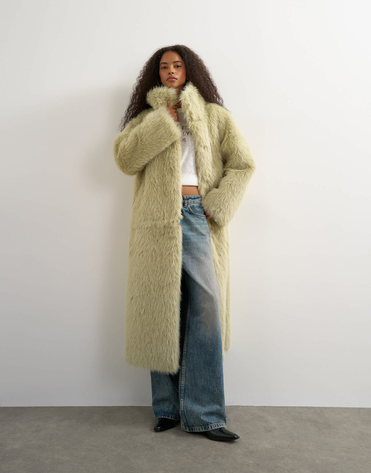 Topshop faux fur funnel neck detachable length coat in light green