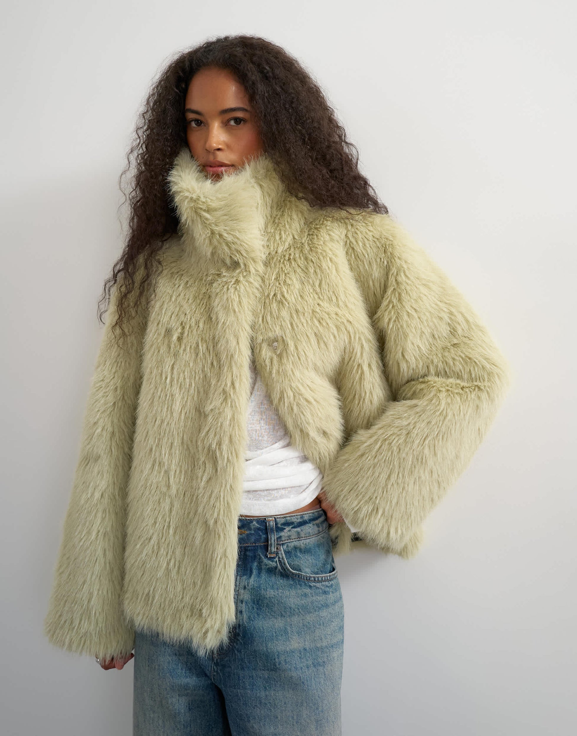 Topshop faux fur funnel neck detachable length coat in light green