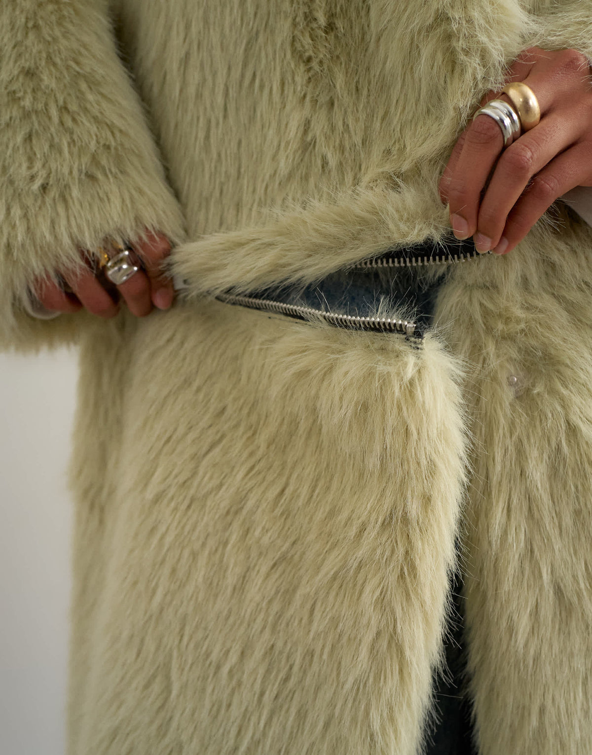 Topshop faux fur funnel neck detachable length coat in light green