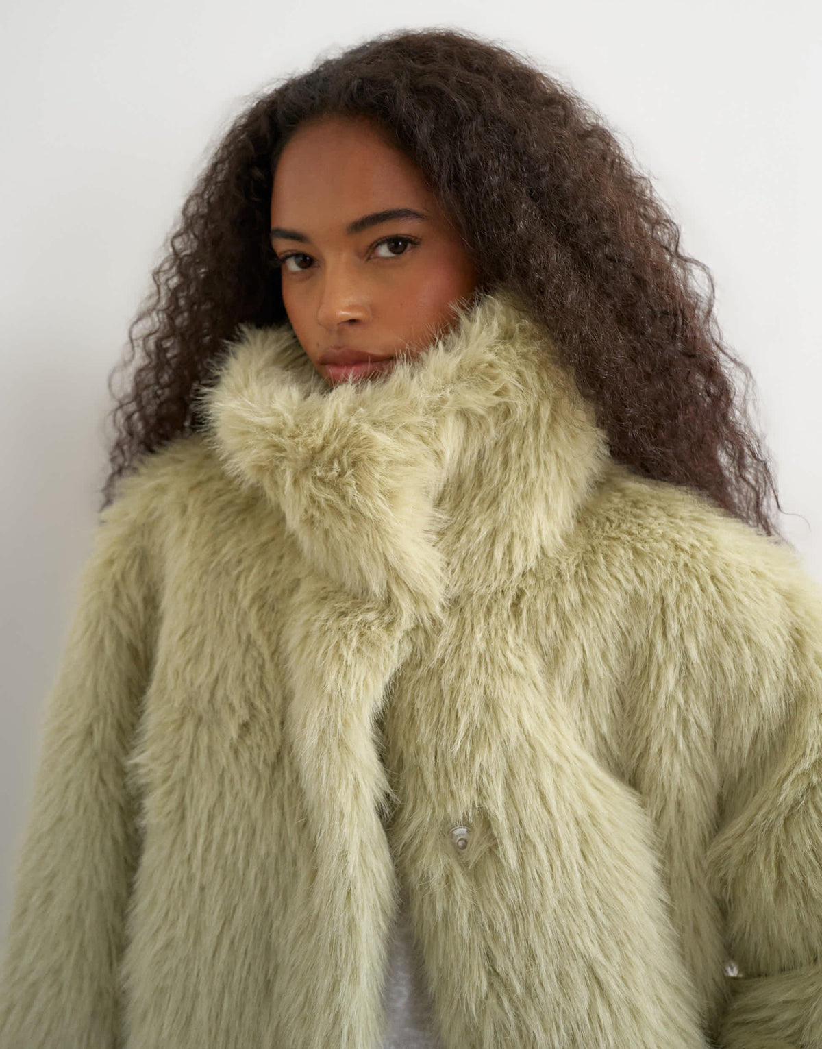 Topshop faux fur funnel neck detachable length coat in light green
