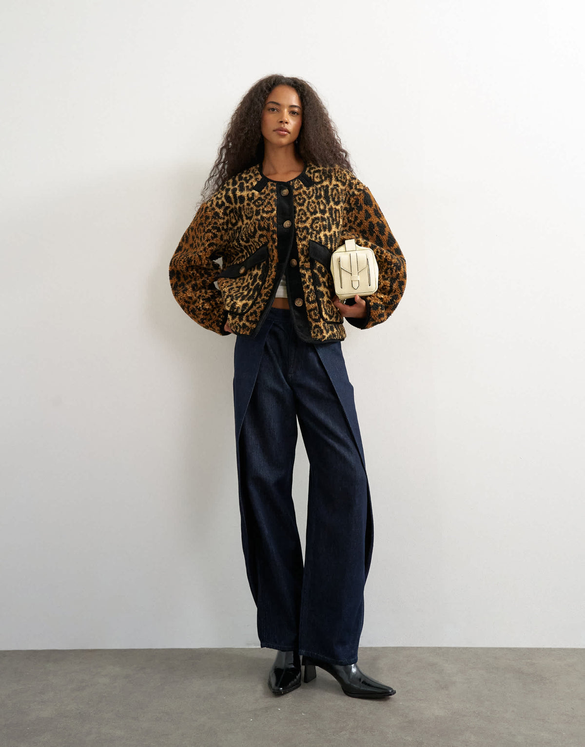 Topshop collareless cord fleece jacket in animal print