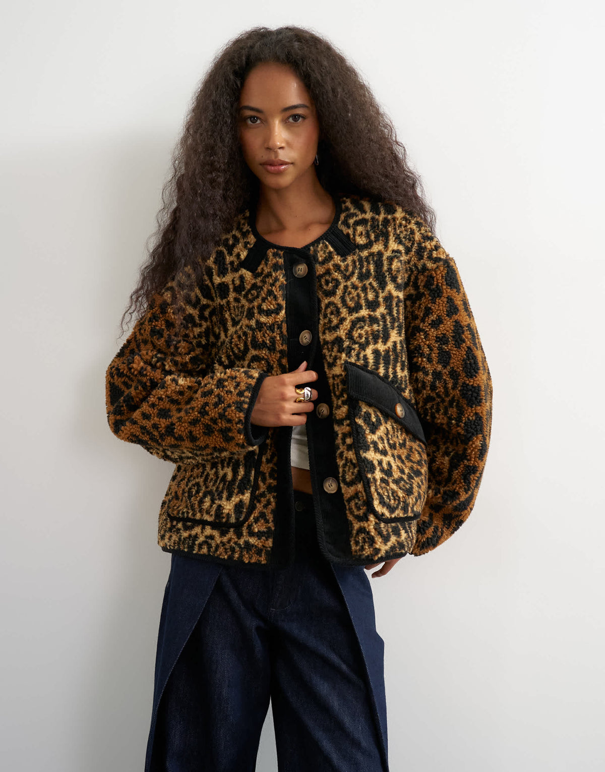 Topshop collareless cord fleece jacket in animal print