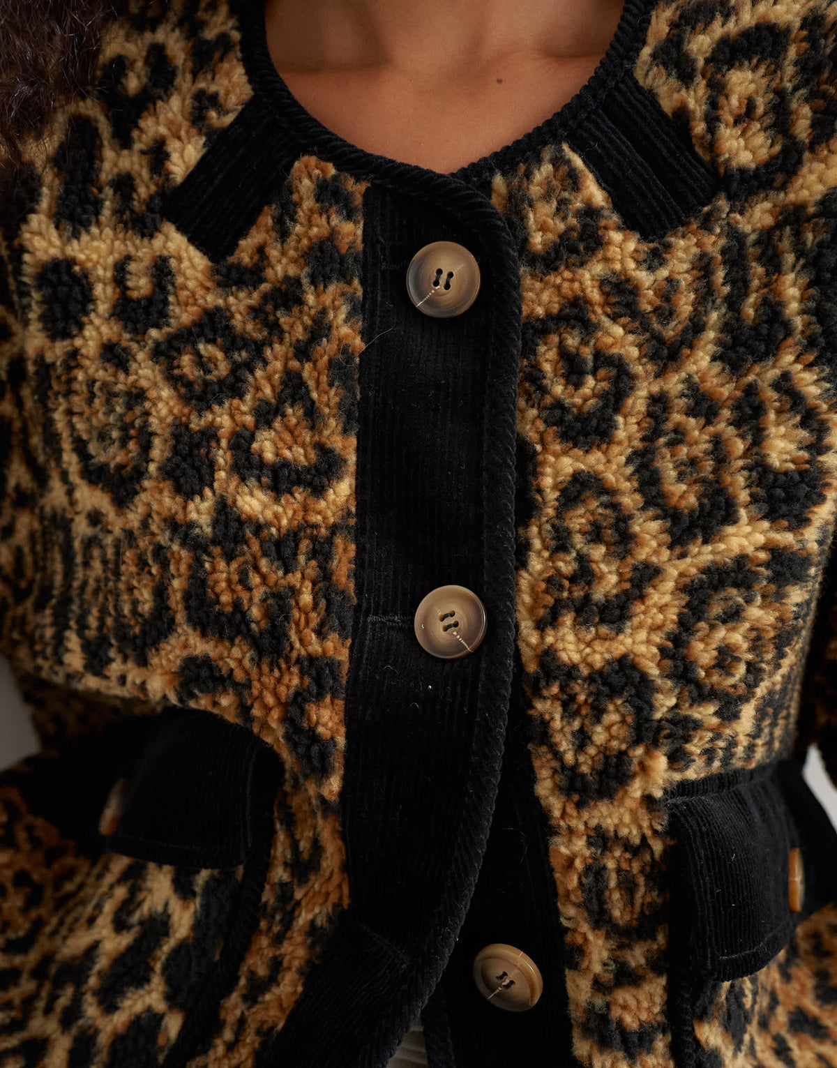 Topshop collareless cord fleece jacket in animal print