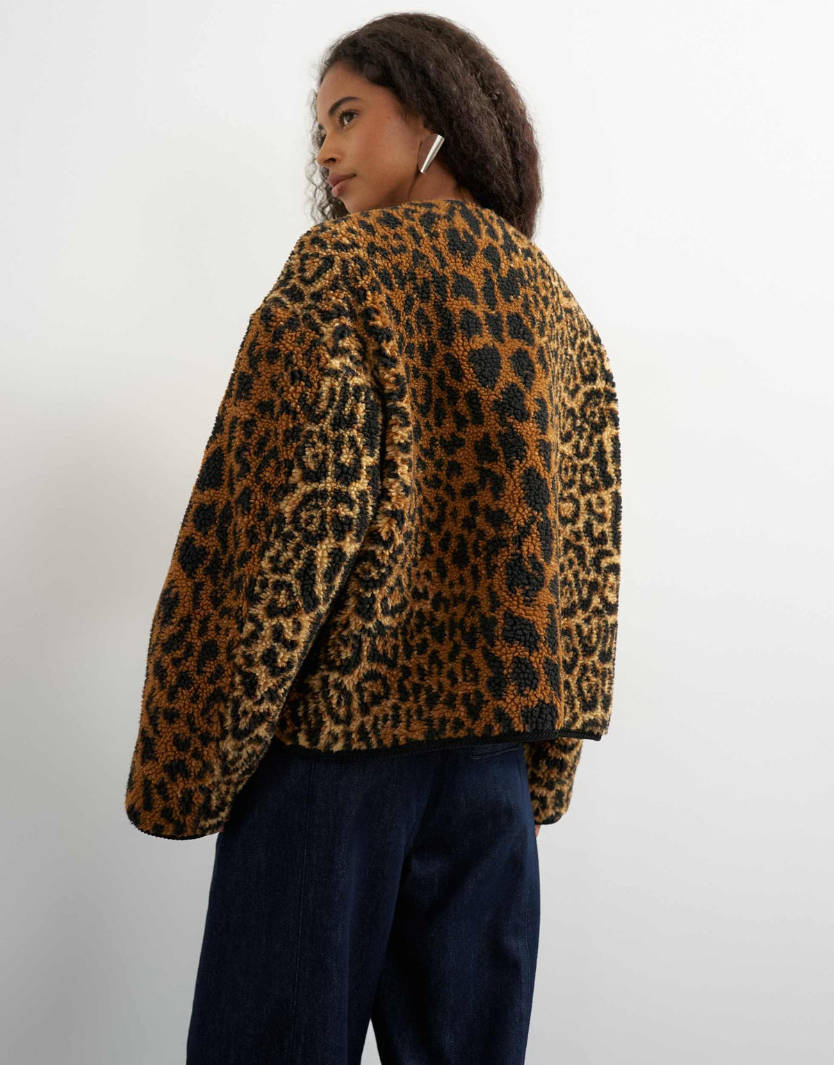 Topshop collareless cord fleece jacket in animal print