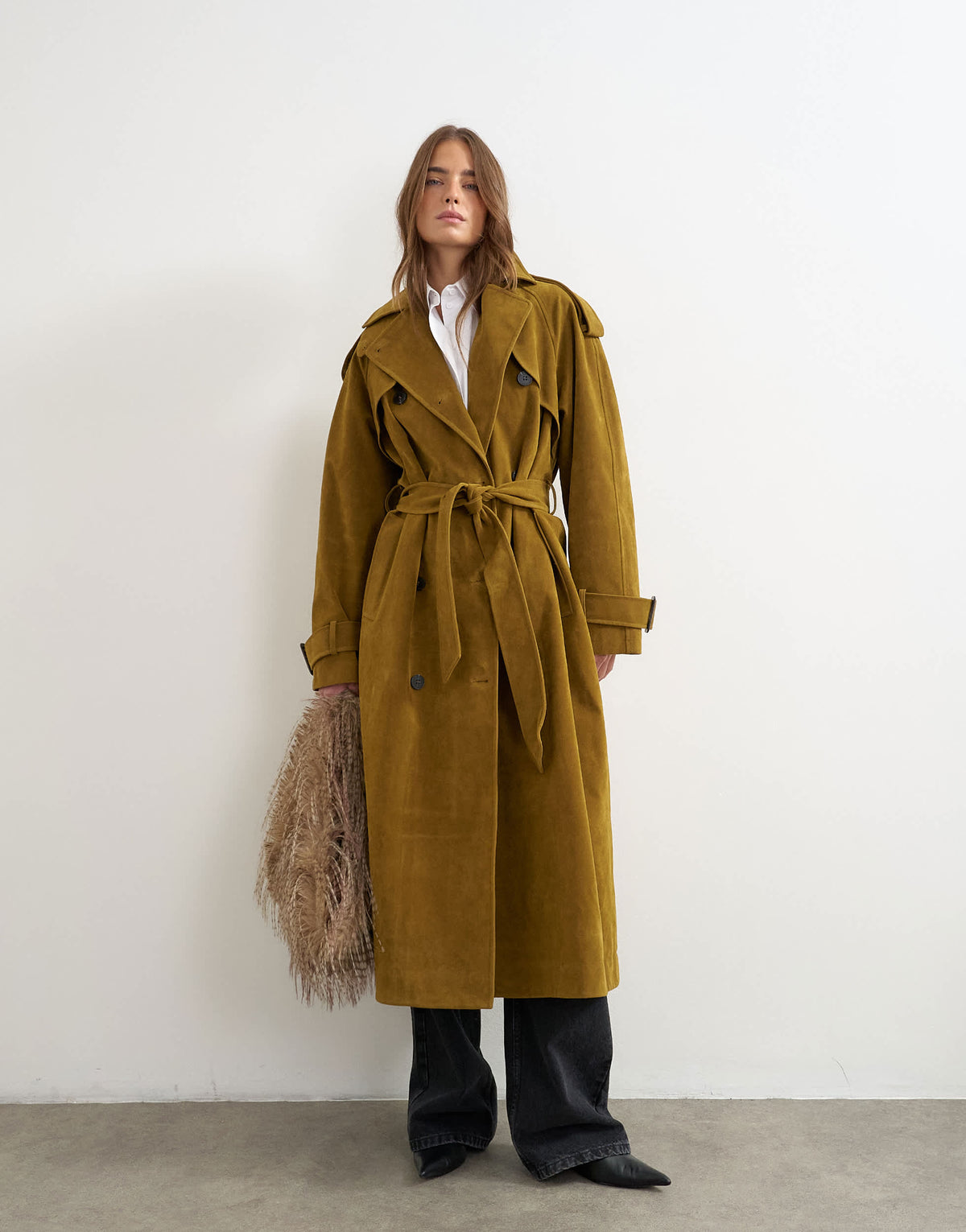 Topshop faux suede trench in mustard olive