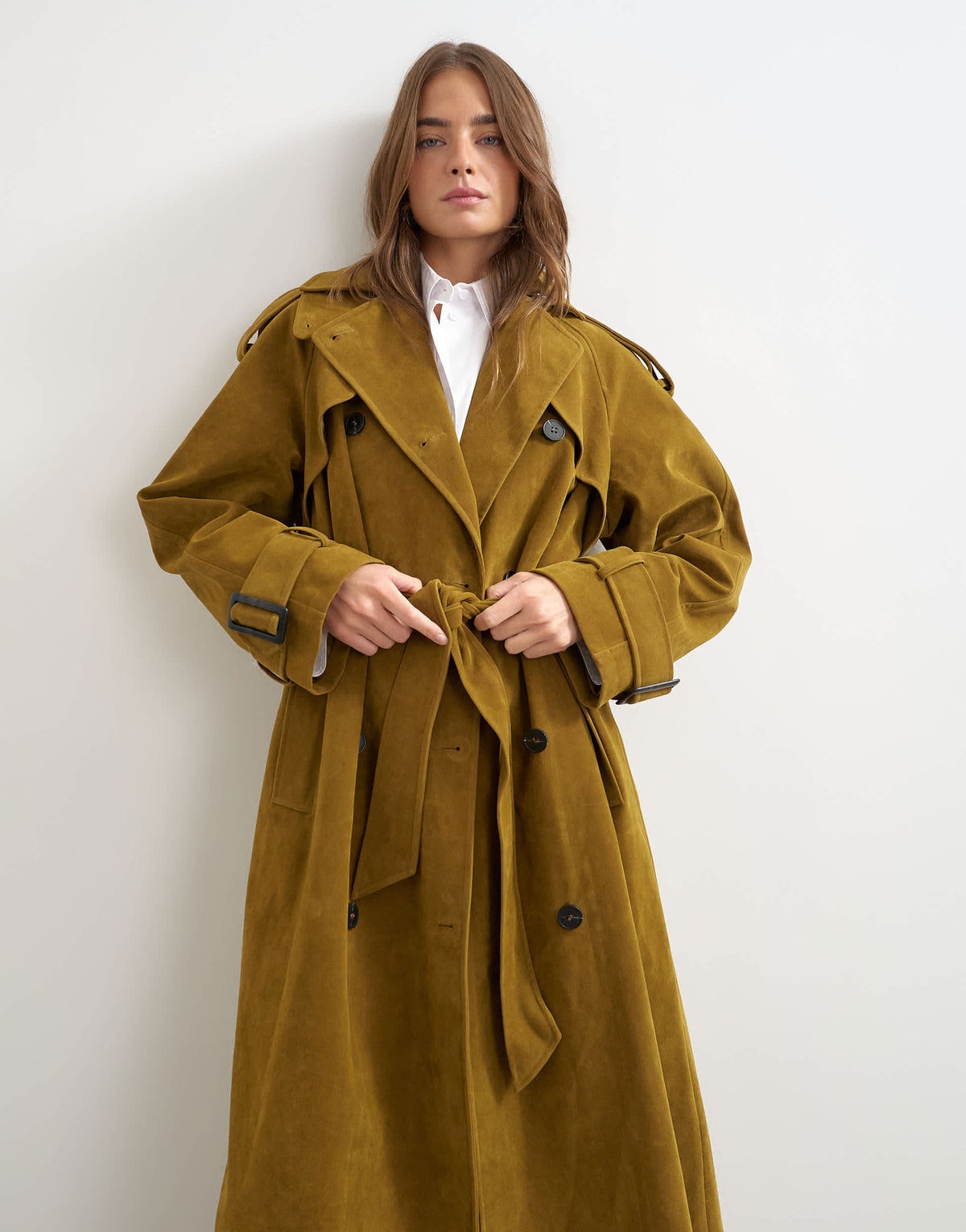 Topshop faux suede trench in mustard olive