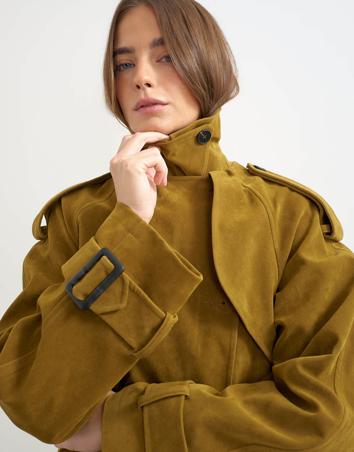 Topshop faux suede trench in mustard olive