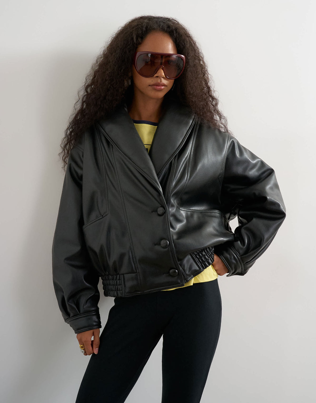 Topshop super oversized faux leather shawl collar bomber jacket in black