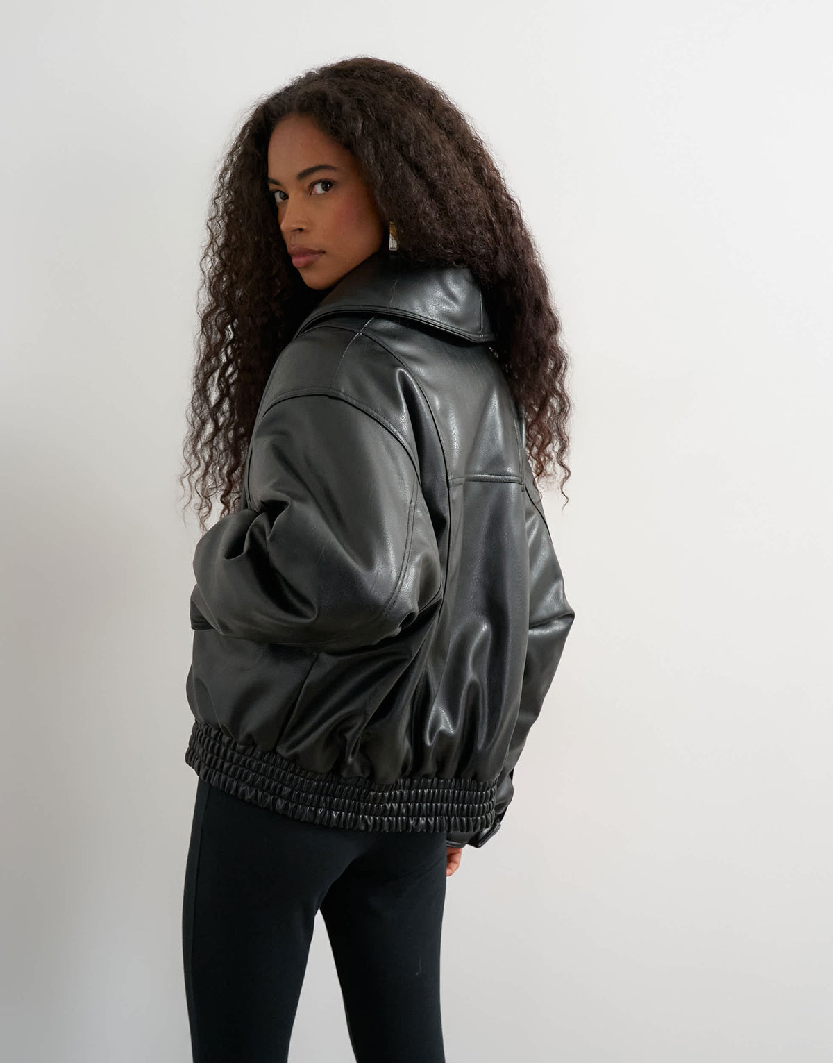 Topshop super oversized faux leather shawl collar bomber jacket in black
