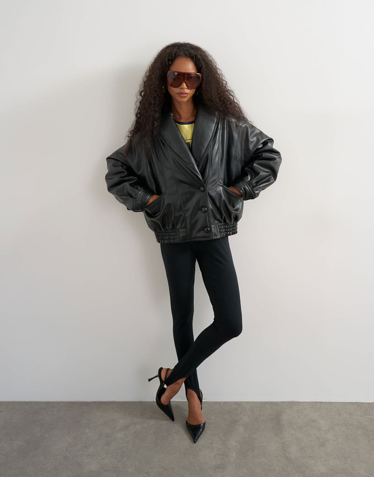 Topshop super oversized faux leather shawl collar bomber jacket in black