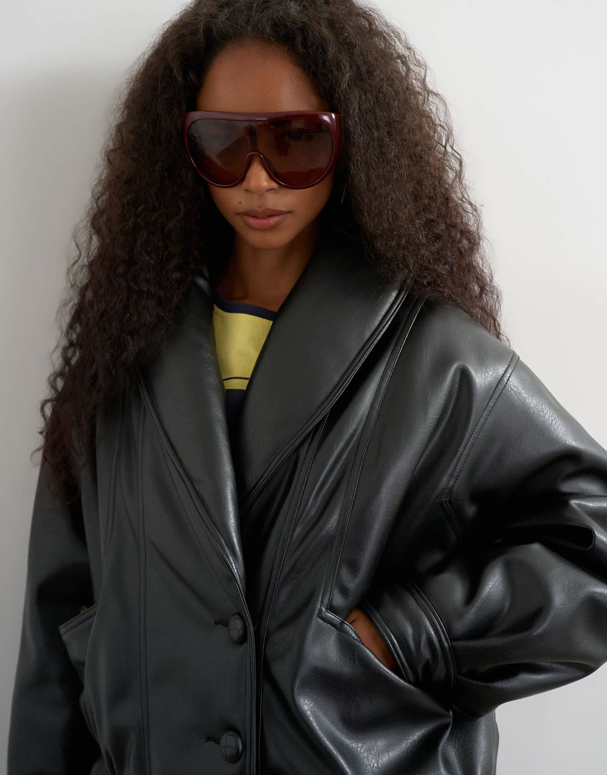 Topshop super oversized faux leather shawl collar bomber jacket in black