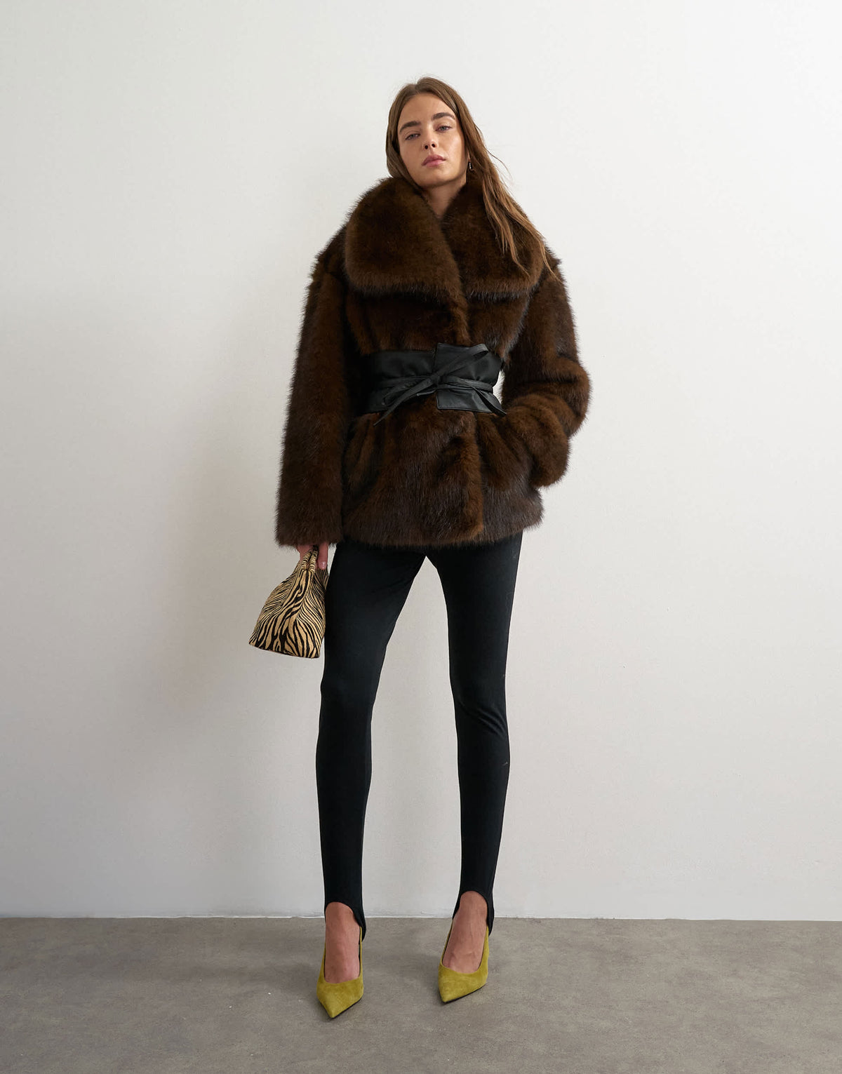 Topshop faux fur collar less belted short coat in brown