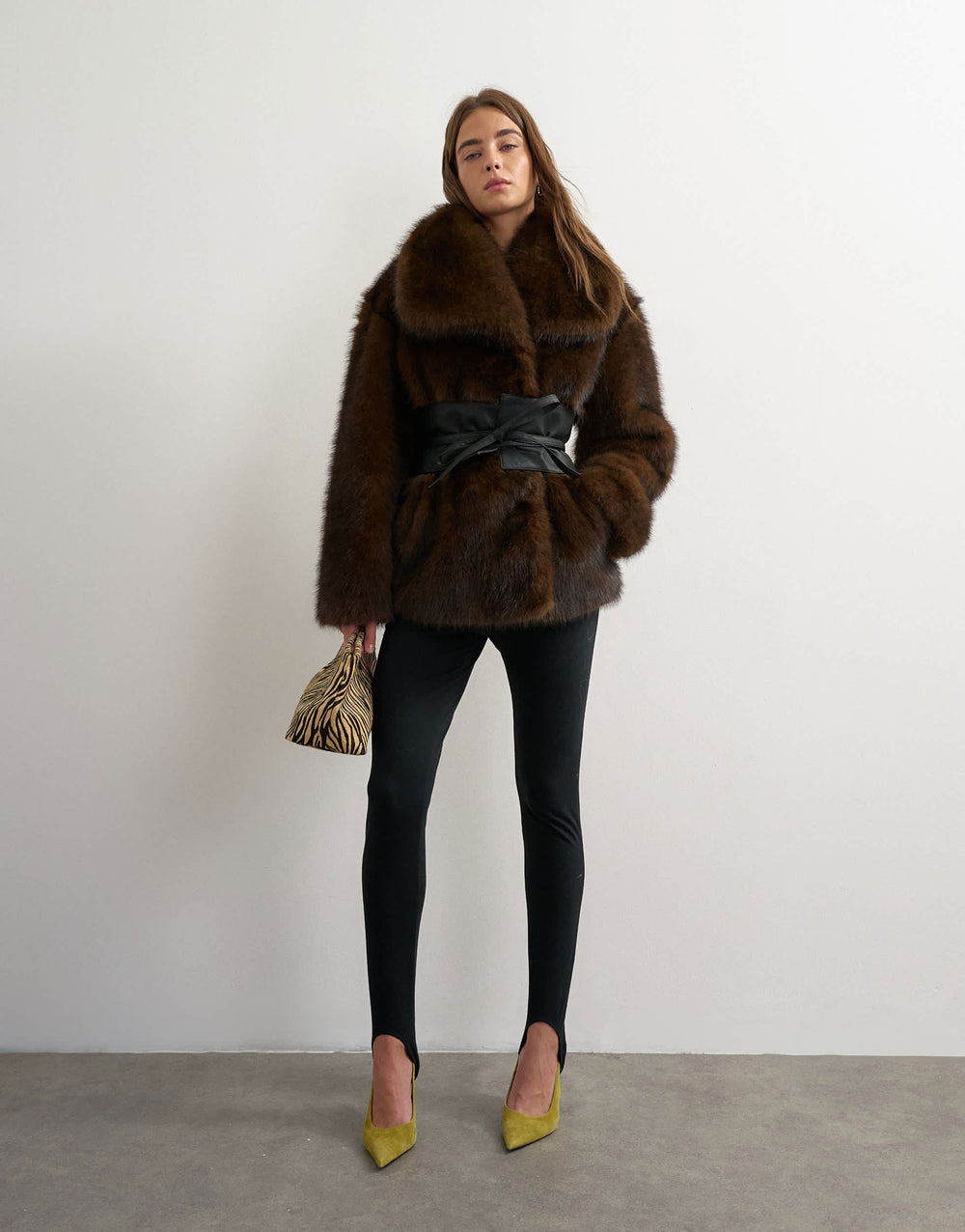 Topshop faux fur coat with faux leather belt in brown