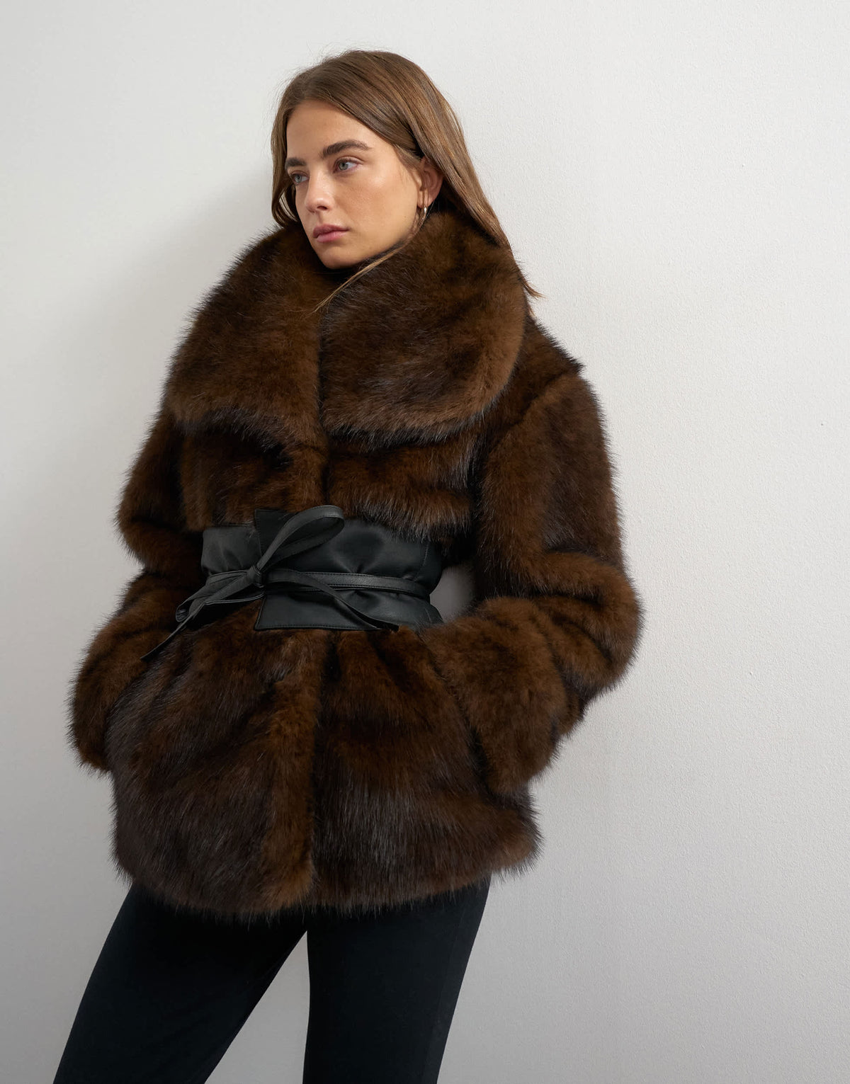 Topshop faux fur coat with faux leather belt in brown