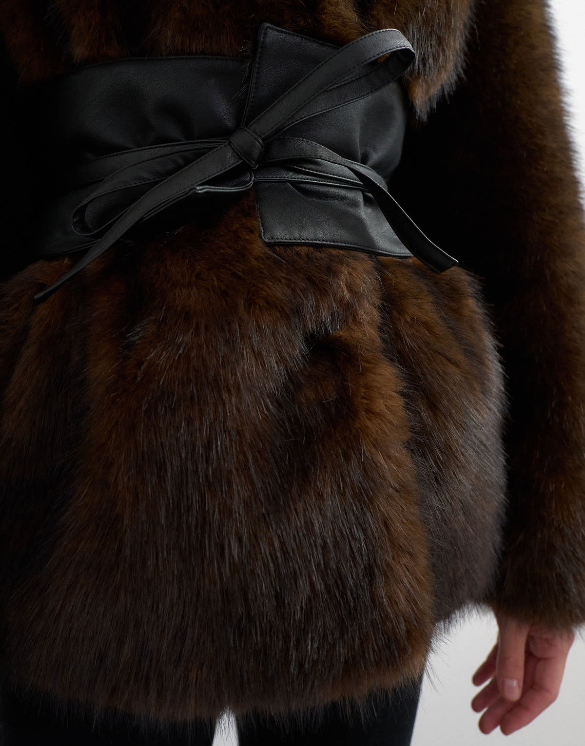 Topshop faux fur coat with faux leather belt in brown