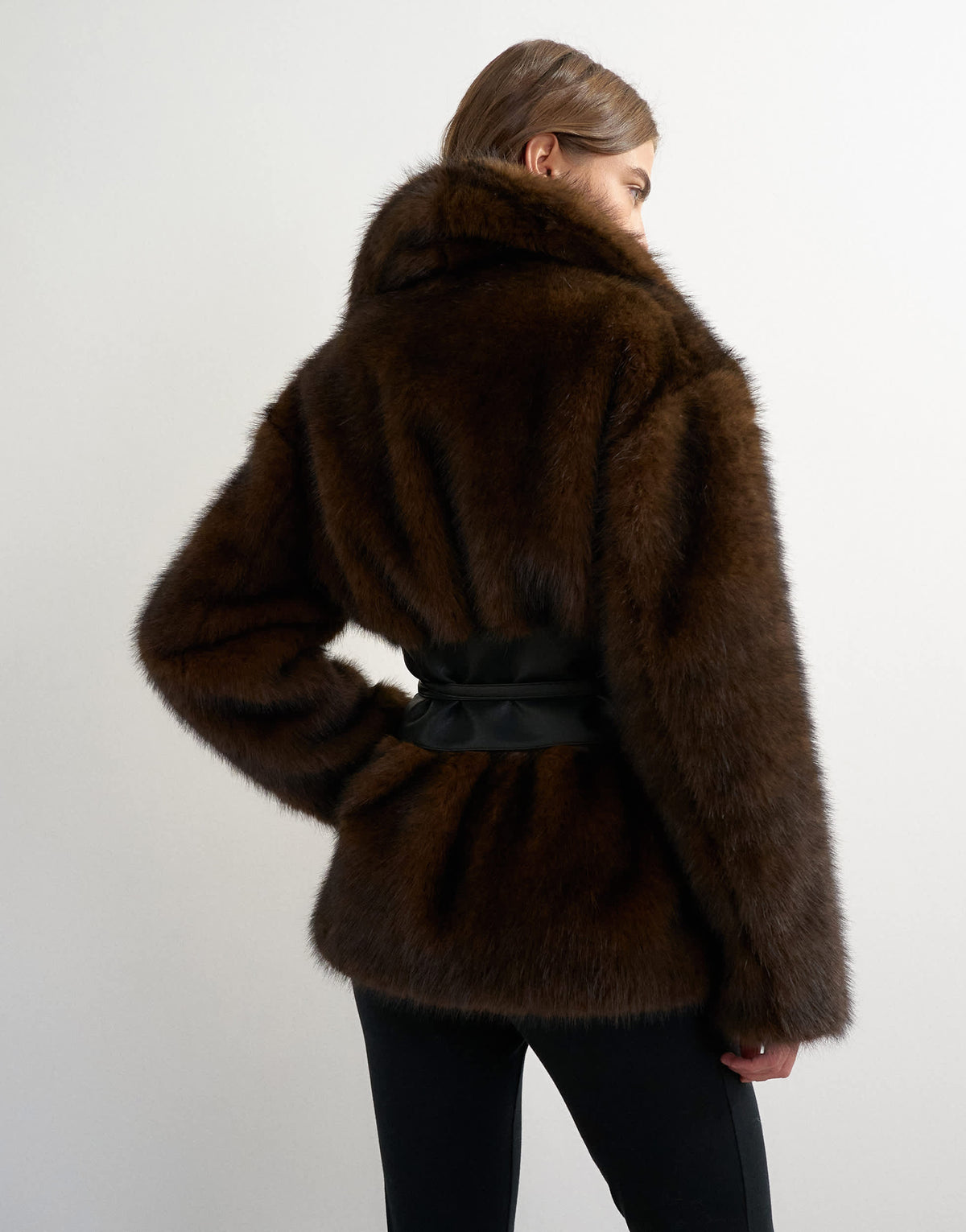Topshop faux fur collar less belted short coat in brown