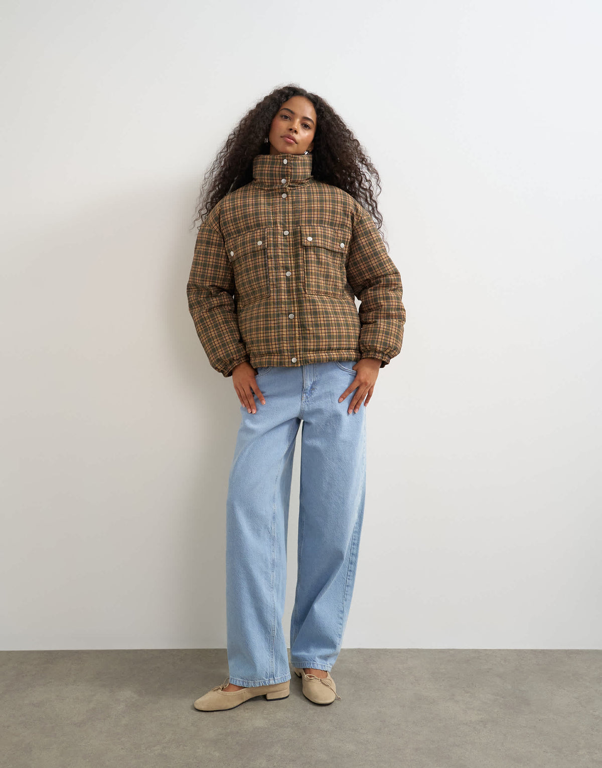 Topshop puffer jacket in green check
