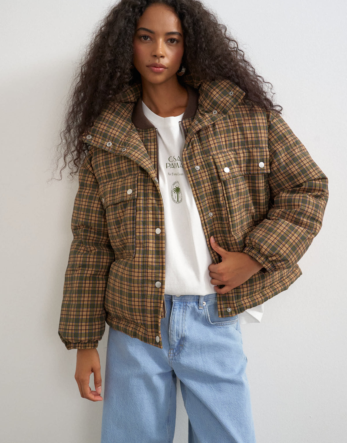Topshop puffer jacket in green check