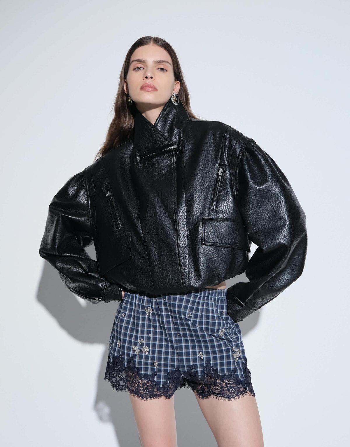 Topshop faux leather cropped bomber with zips in black