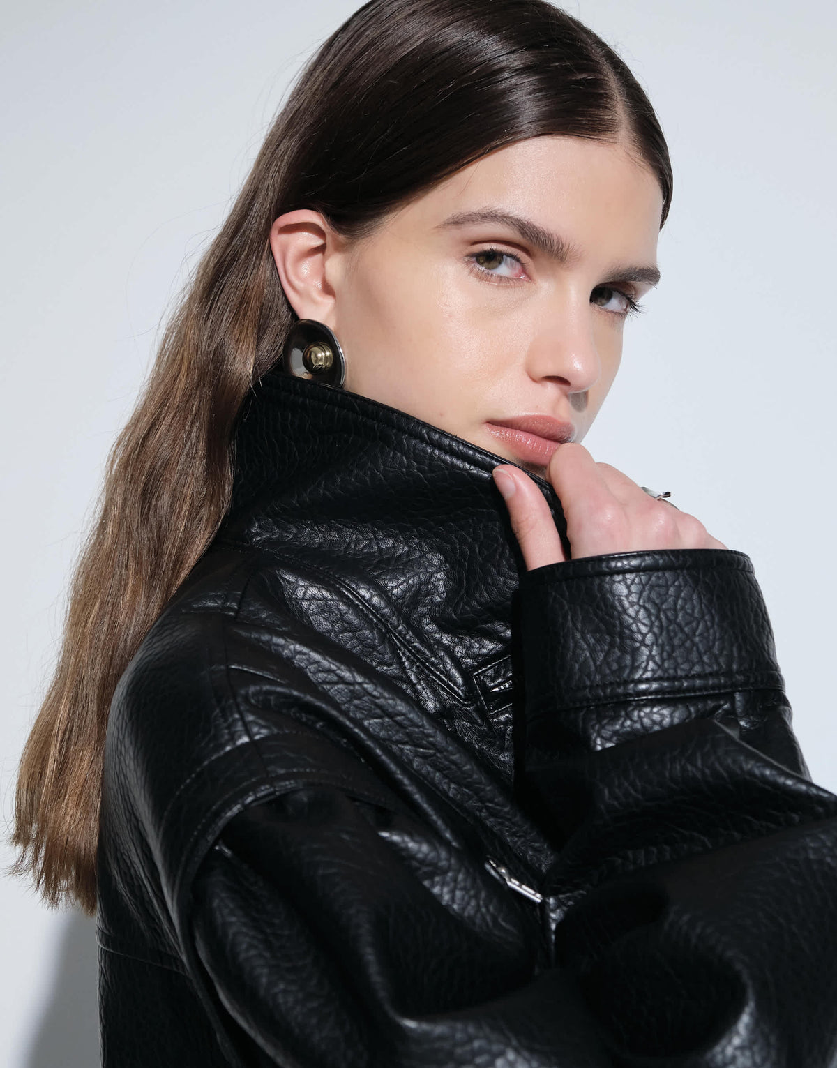 Topshop faux leather cropped bomber with zips in black