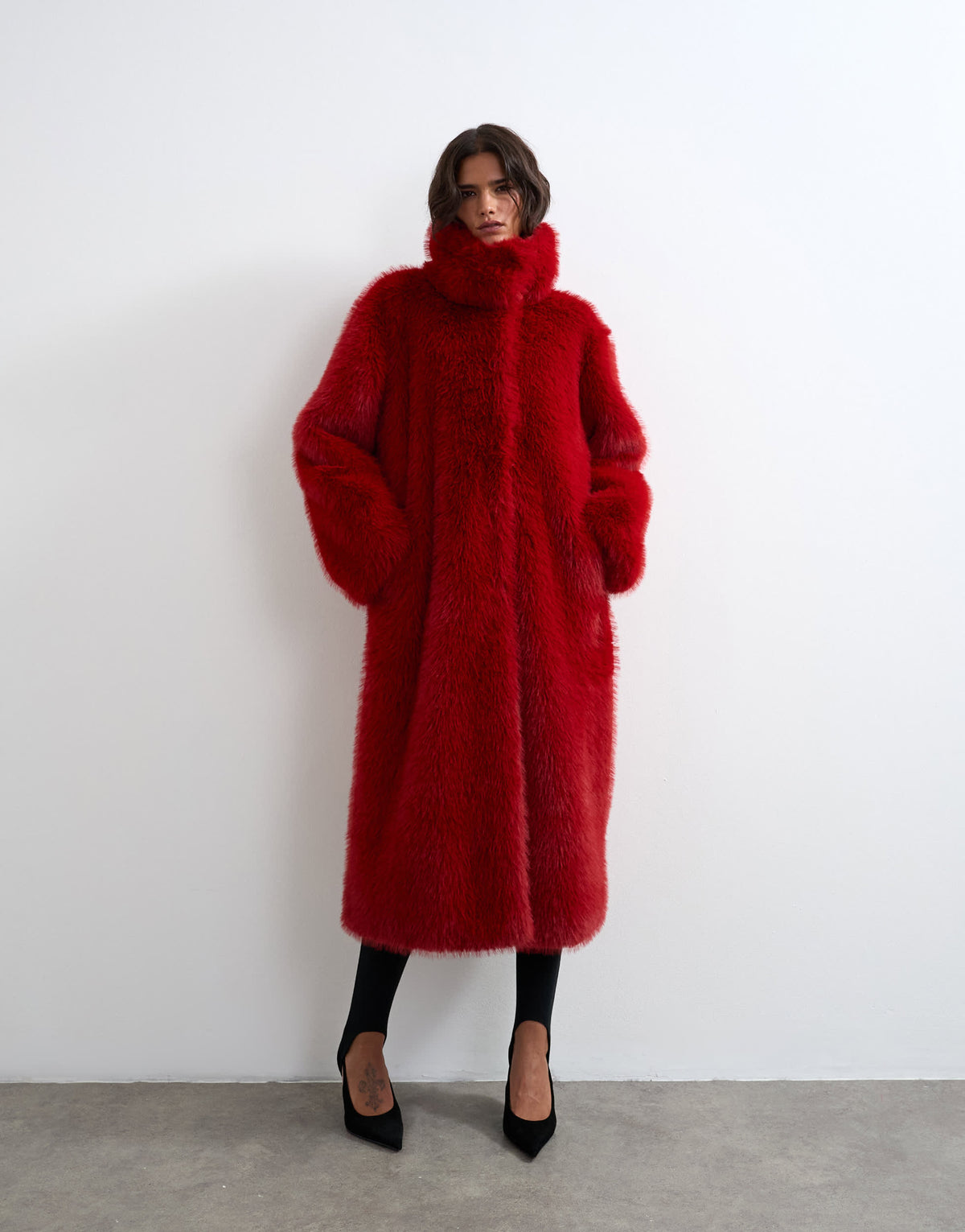 Topshop oversized faux fur longline coat in red