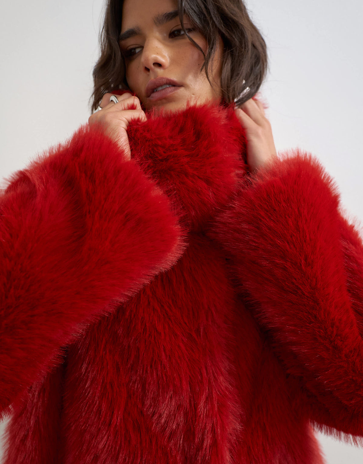 Topshop oversized faux fur longline coat in red