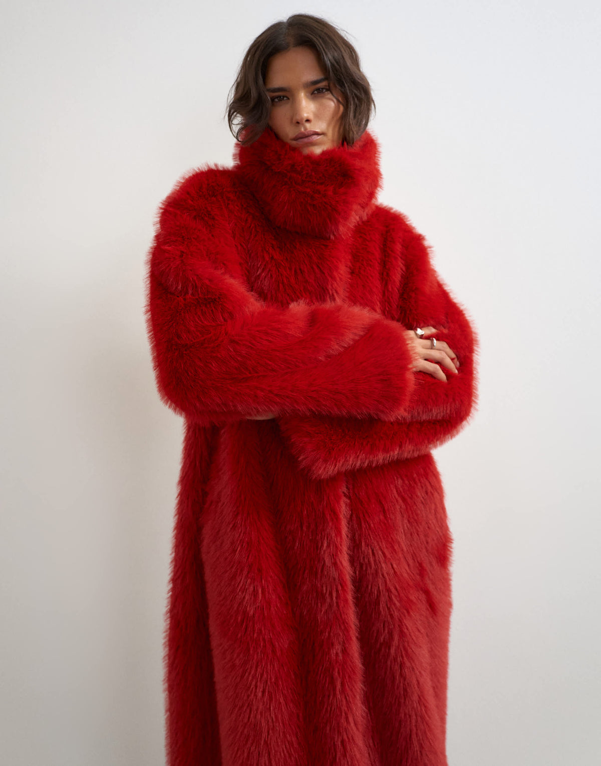 Topshop oversized faux fur longline coat in red