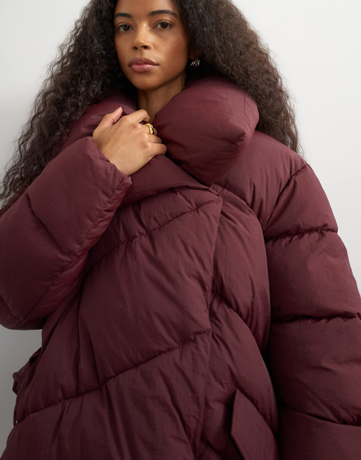 Topshop funnel neck mid length puffer jacket in burgundy