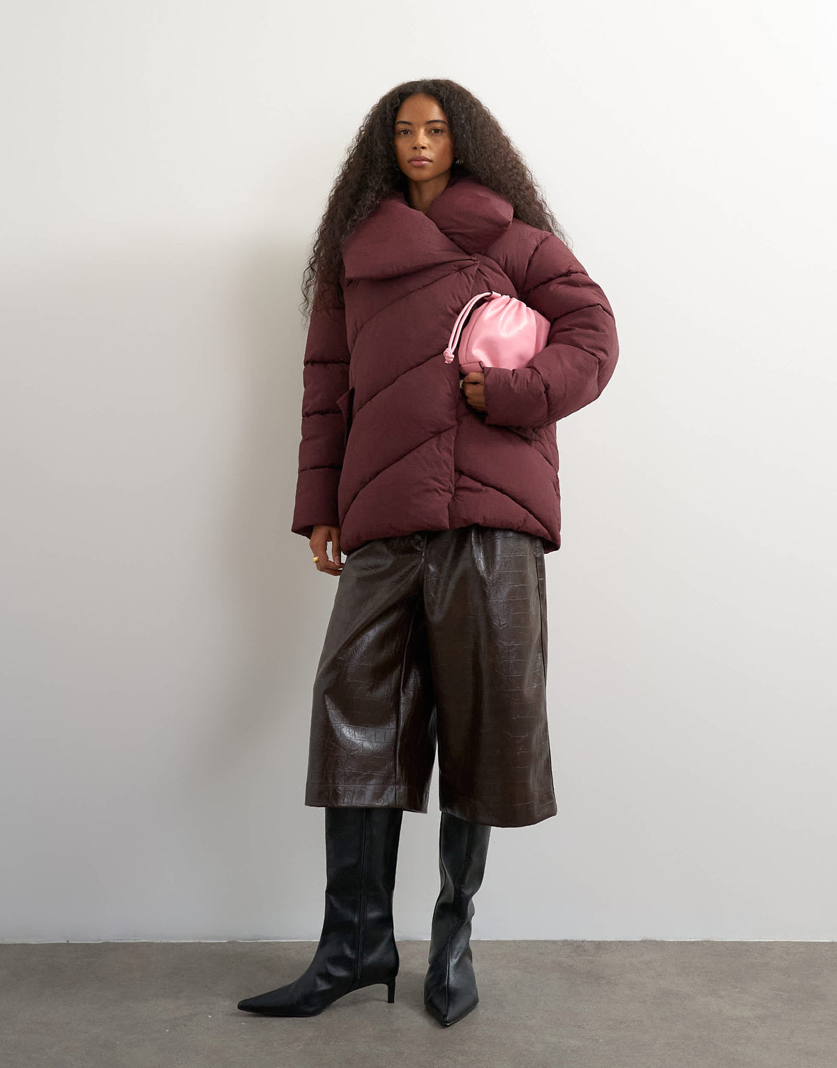 Topshop funnel neck mid length puffer jacket in burgundy