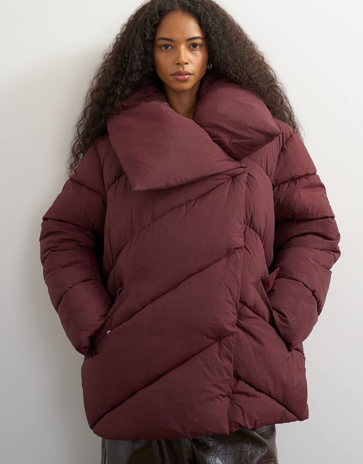 Topshop funnel neck mid length puffer jacket in burgundy
