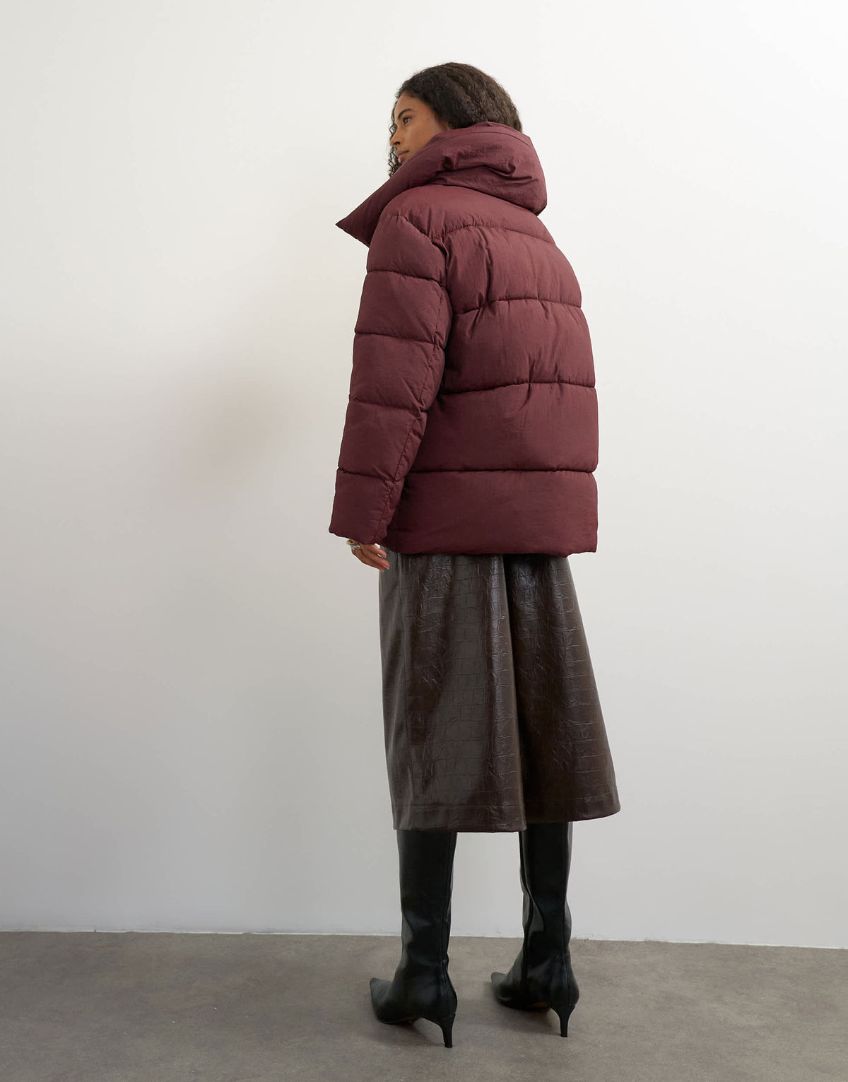 Topshop funnel neck mid length puffer jacket in burgundy