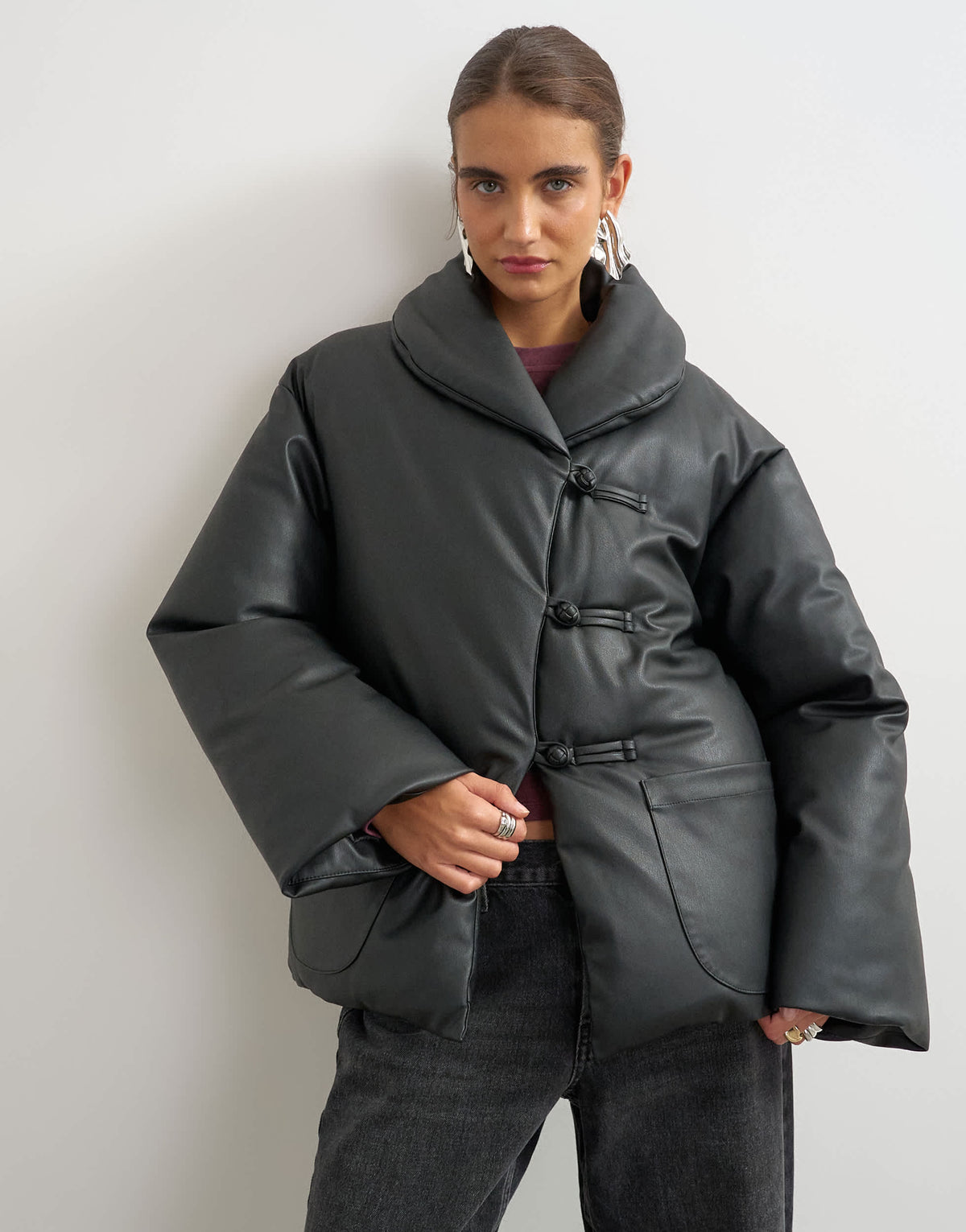 Topshop faux leather pillow scarf puffer jacket in black