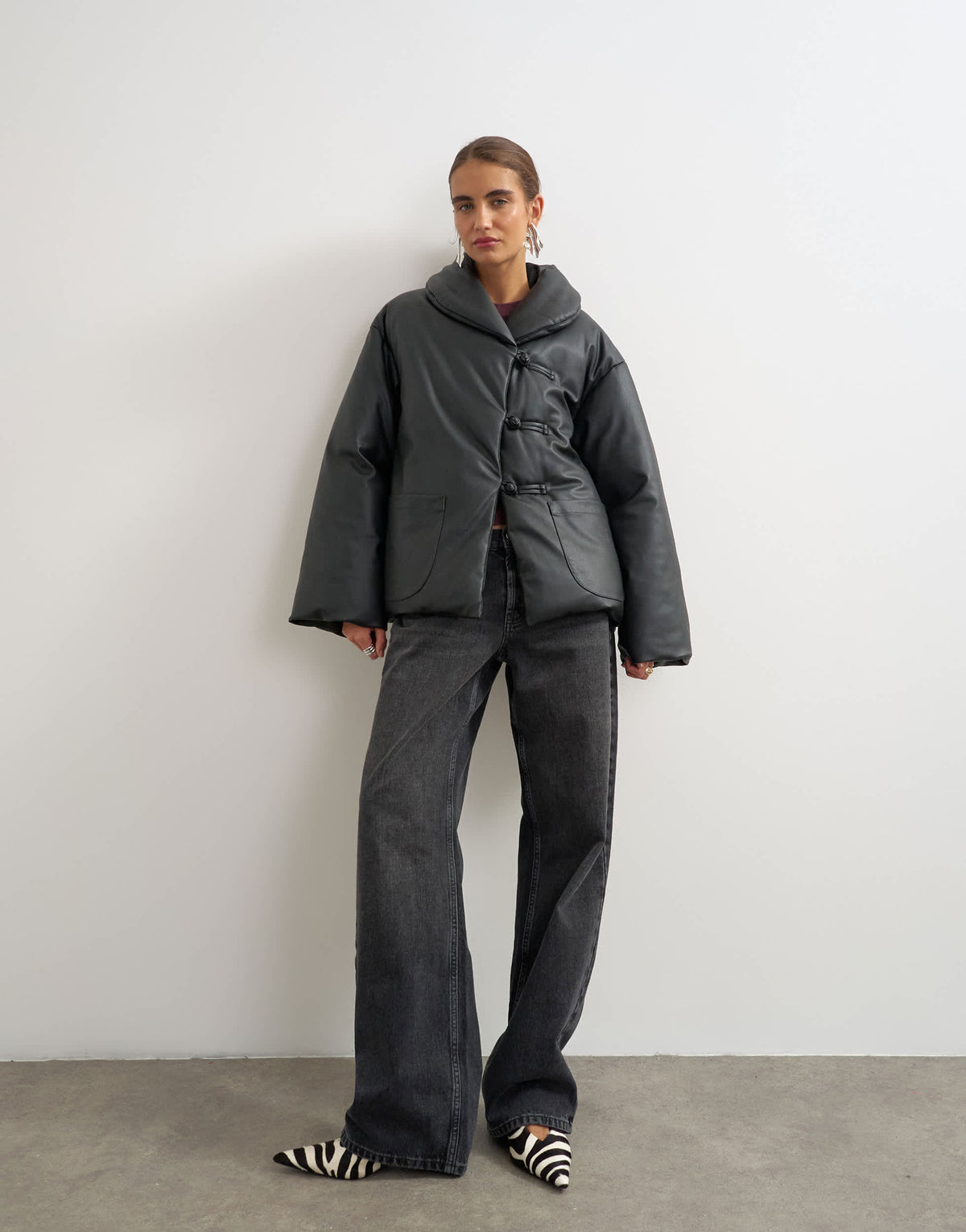 Topshop faux leather pillow scarf puffer jacket in black