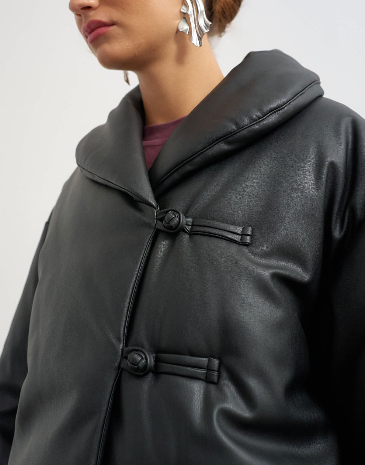 Topshop faux leather pillow scarf puffer jacket in black