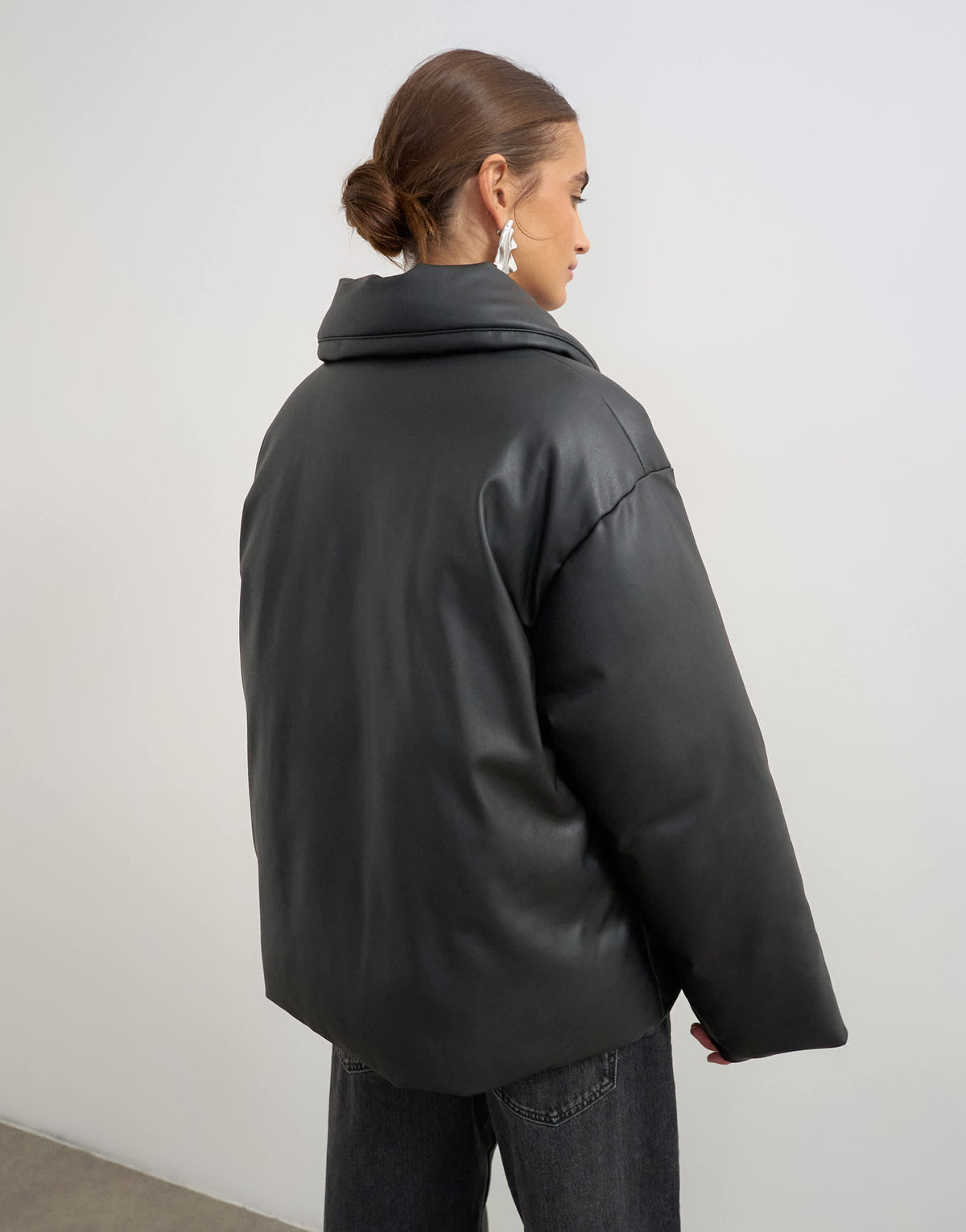 Topshop faux leather pillow scarf puffer jacket in black
