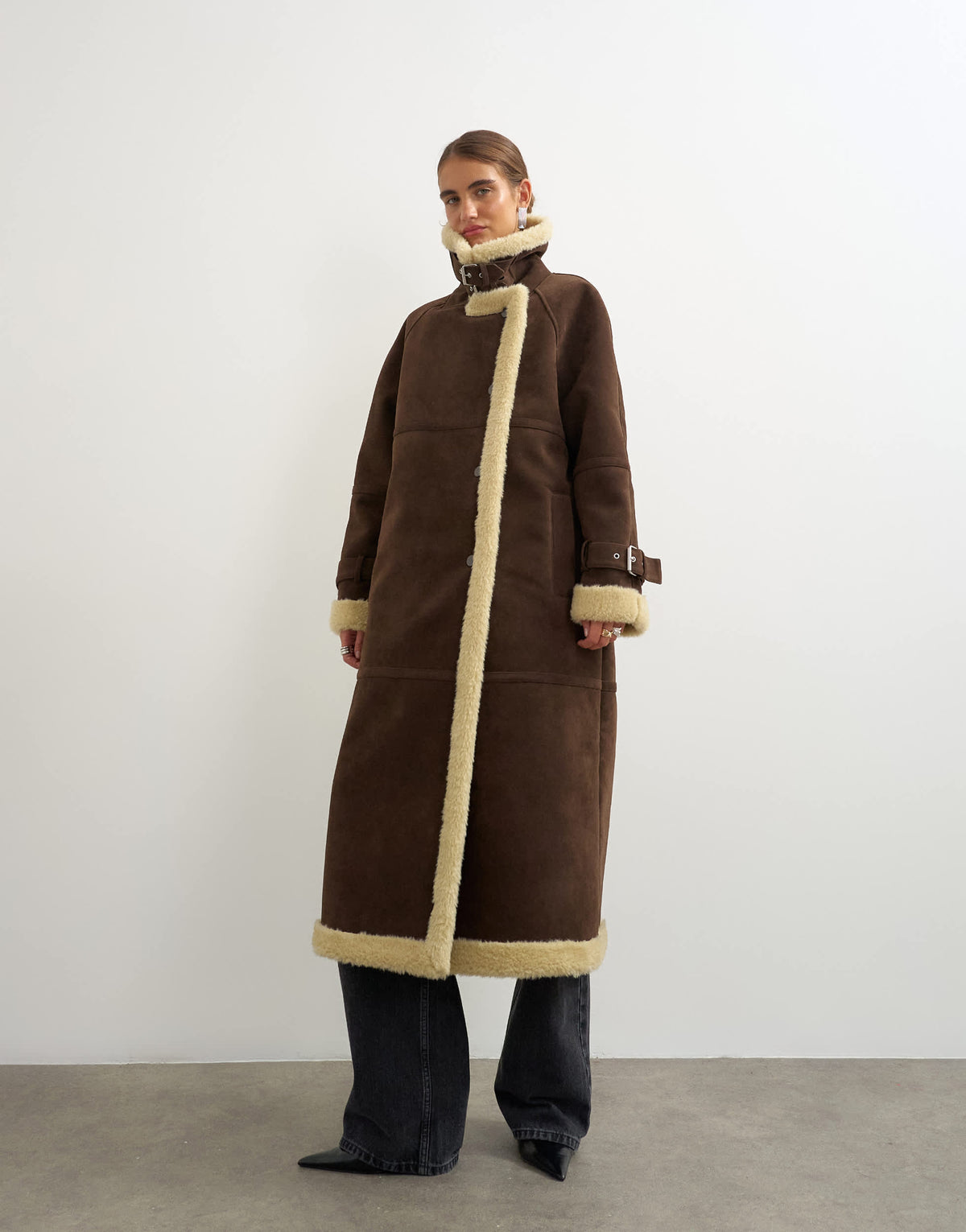 Topshop longline borg trim funnel neck coat in brown