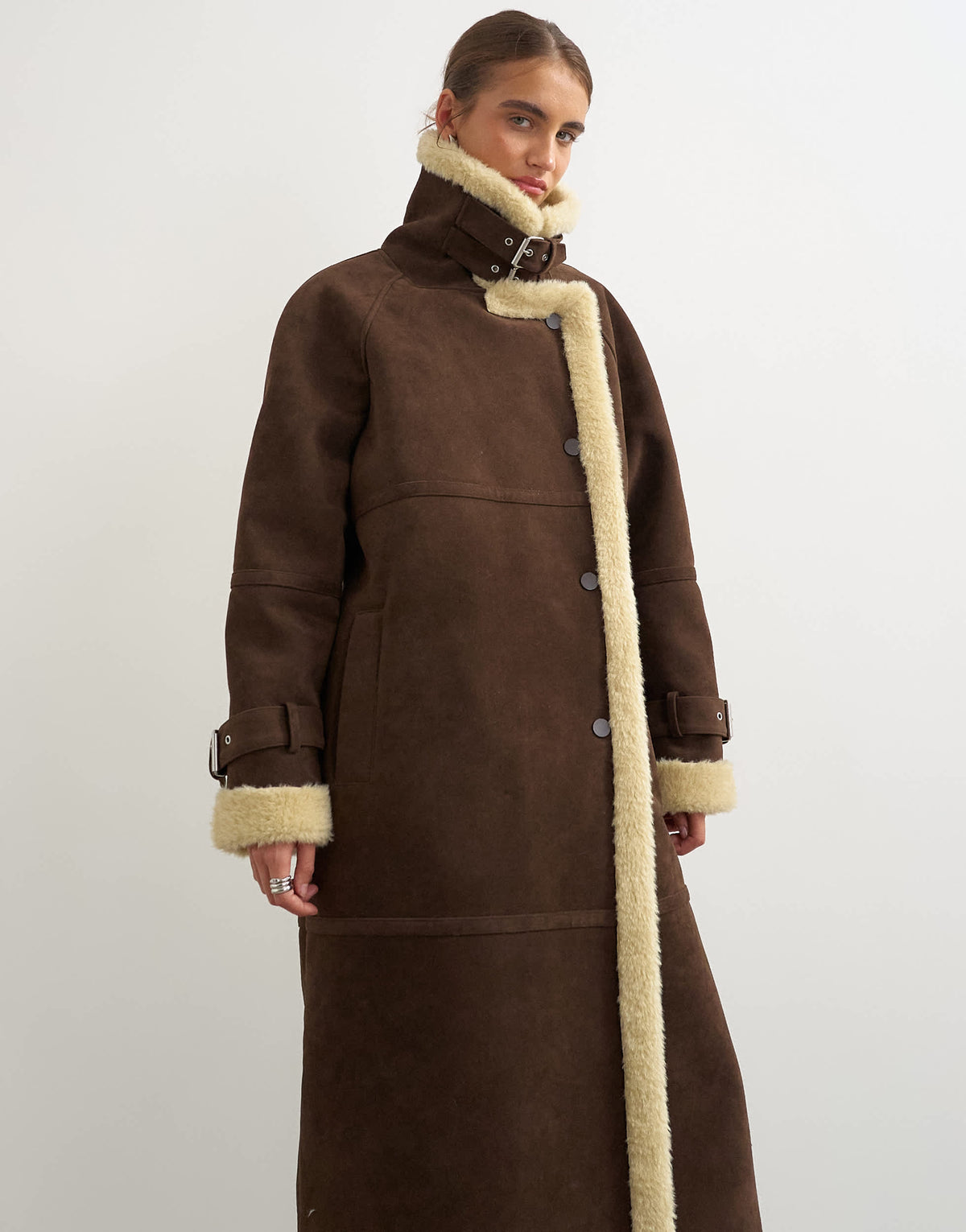 Topshop longline borg trim funnel neck coat in brown