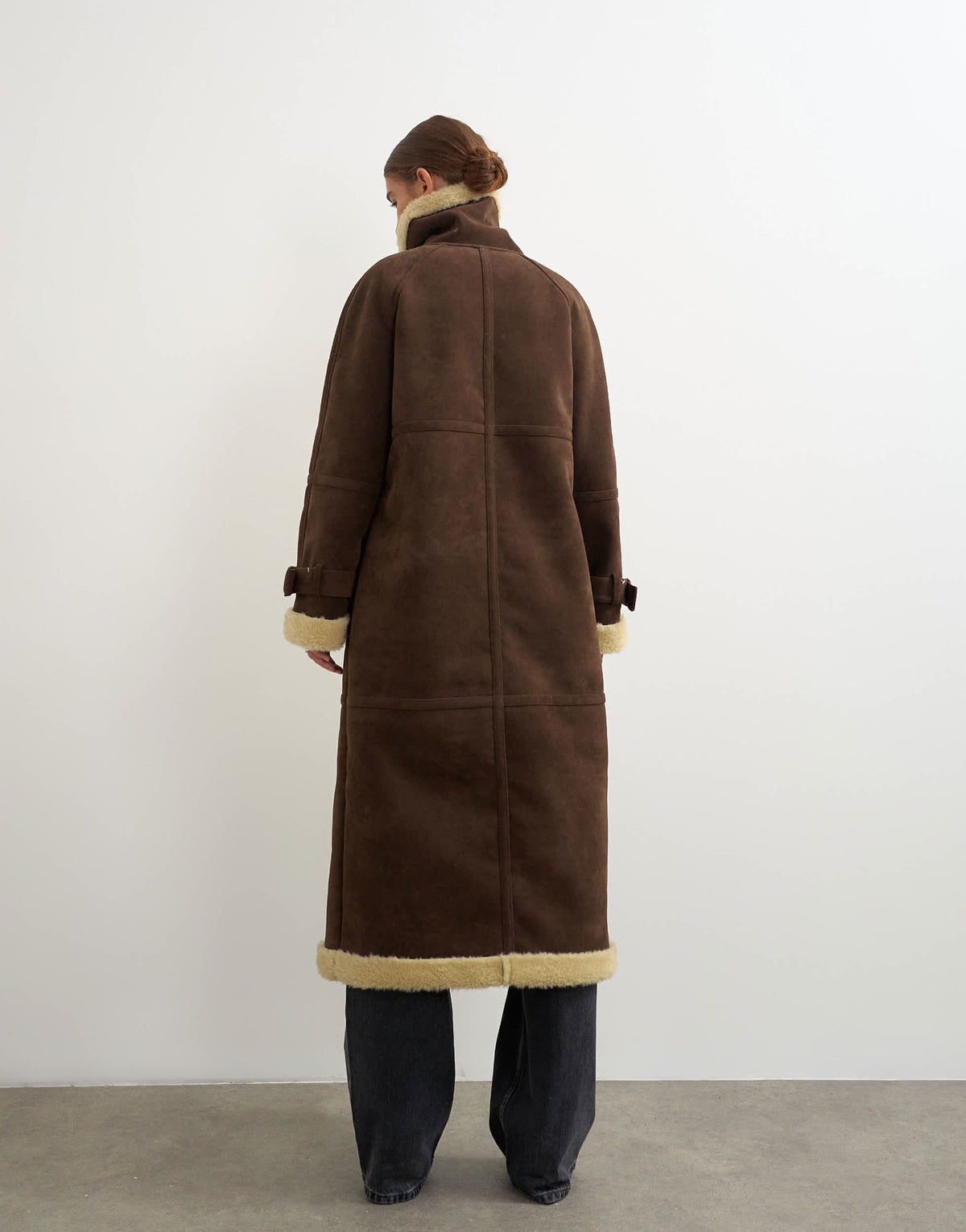 Topshop longline borg trim funnel neck coat in brown