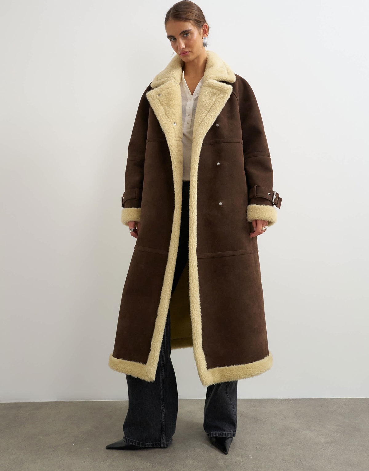 Topshop longline borg trim funnel neck coat in brown