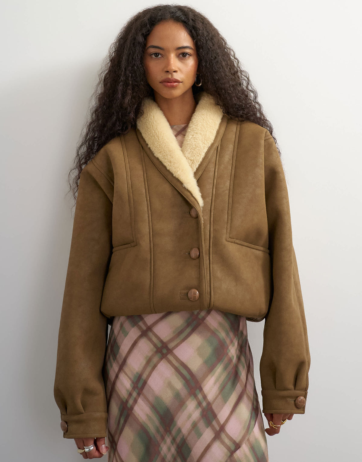 Topshop bonded shearling shawl collar in tan