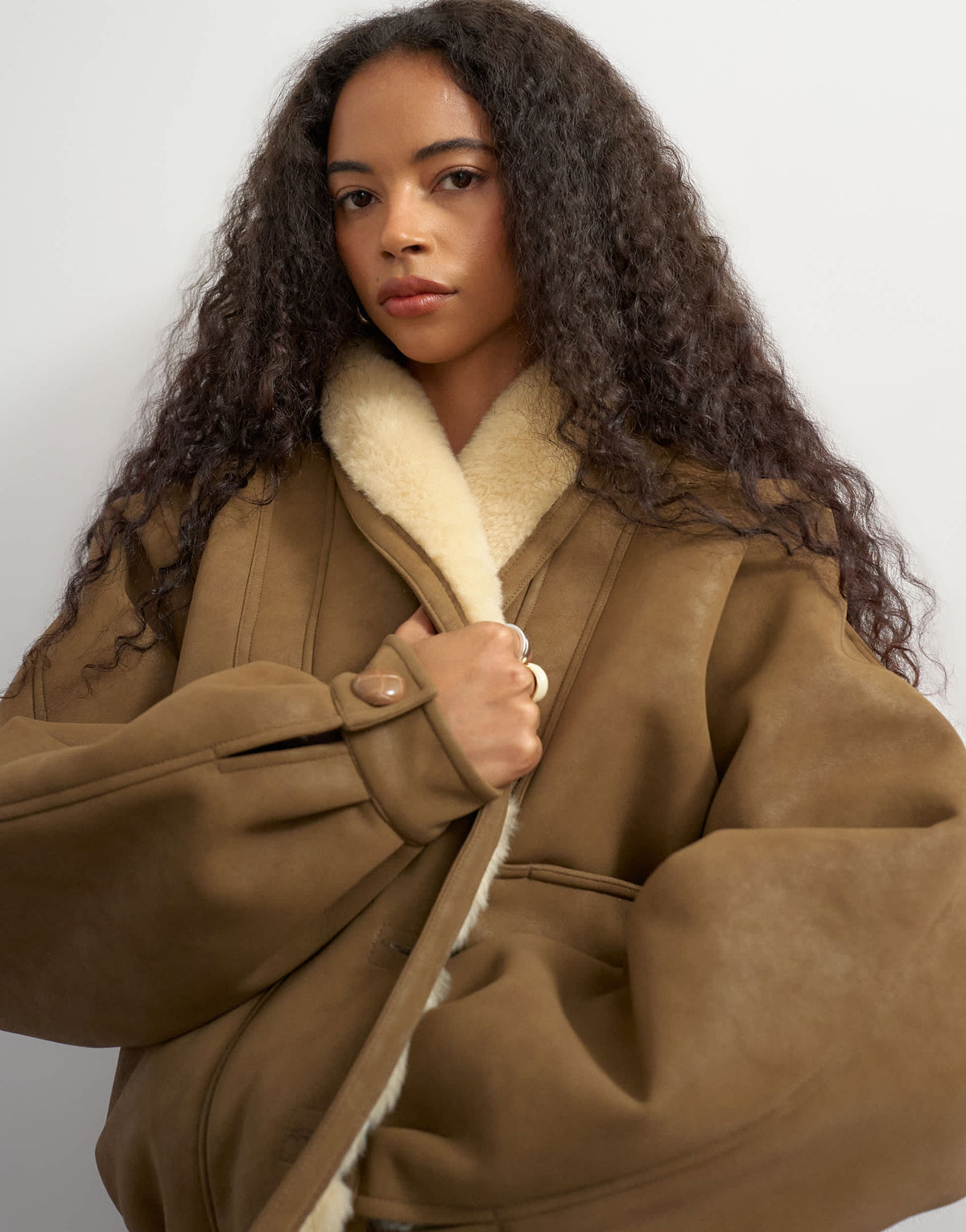 Topshop bonded shearling shawl collar in tan