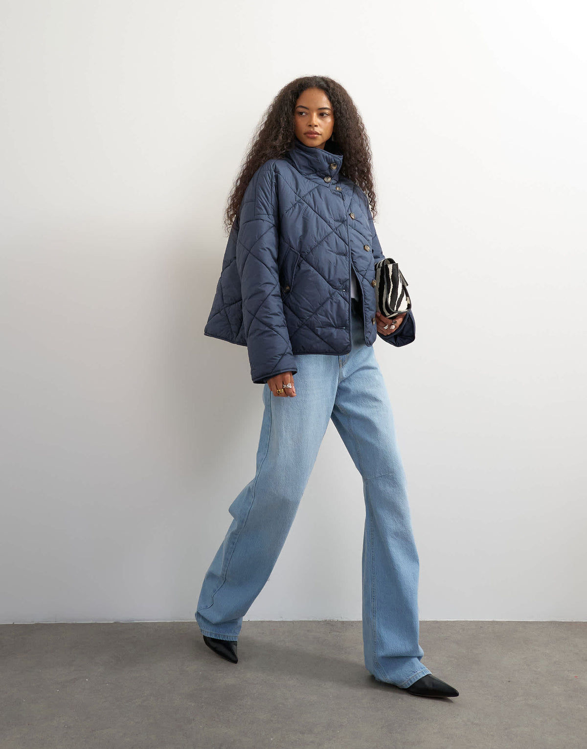 Topshop quilted button through puffer jacket in navy