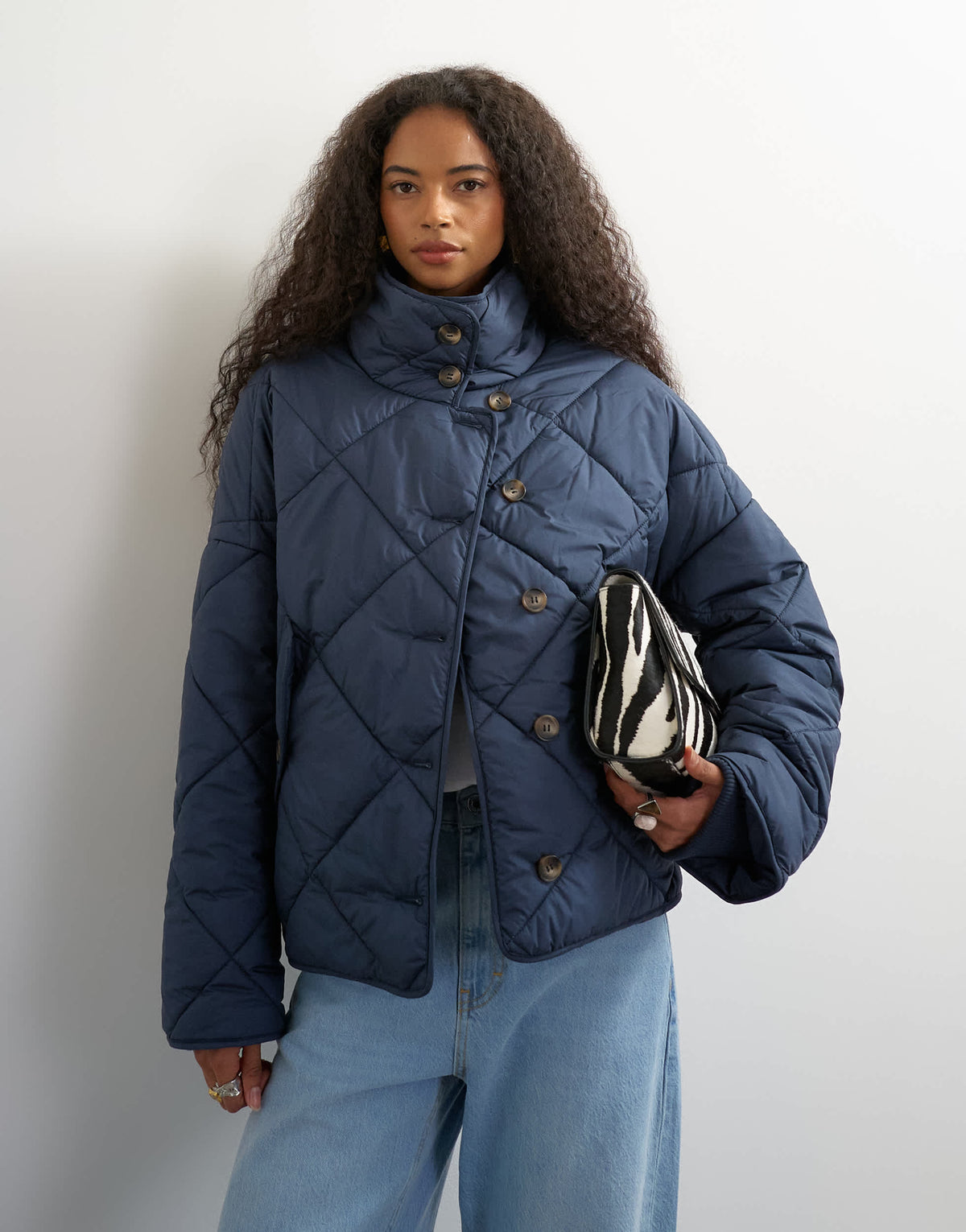 Topshop quilted button through puffer jacket in navy