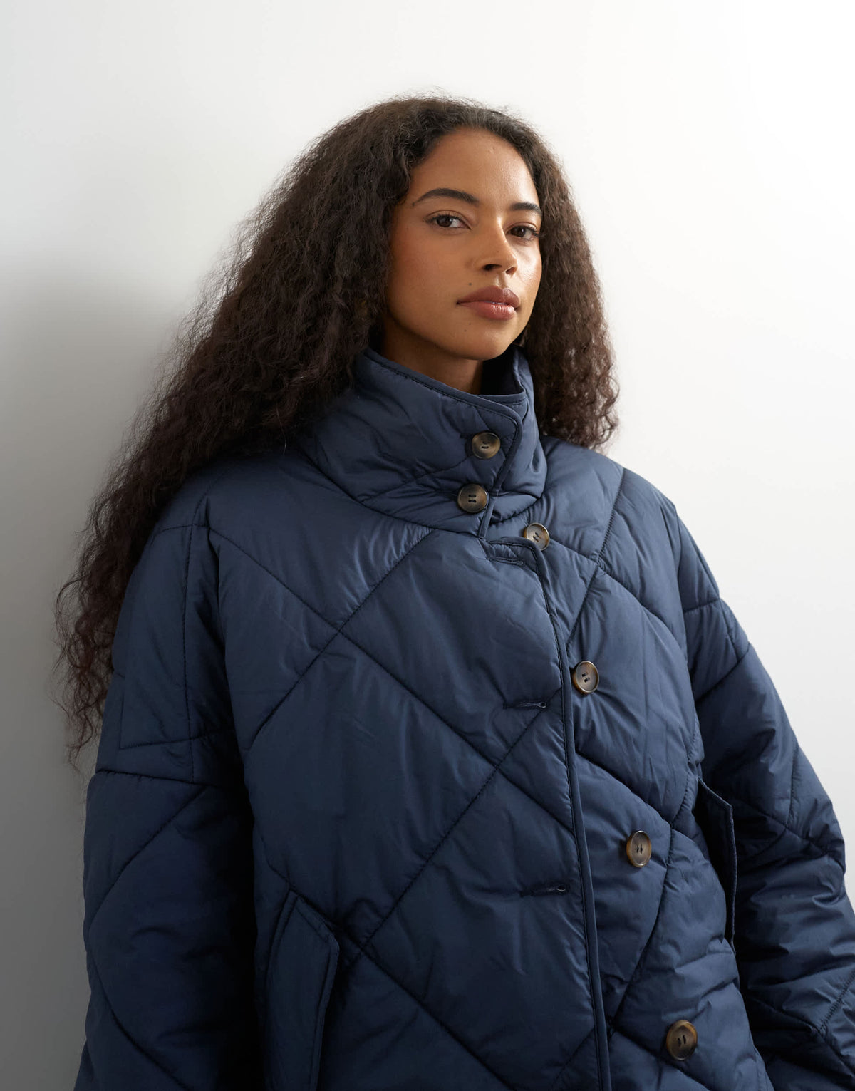 Topshop quilted button through puffer jacket in navy