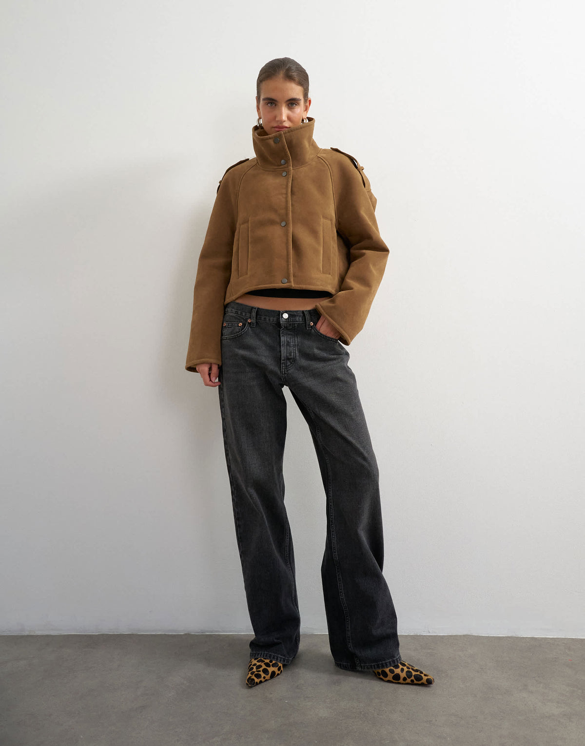 Topshop shearling double breasted short biker in tan