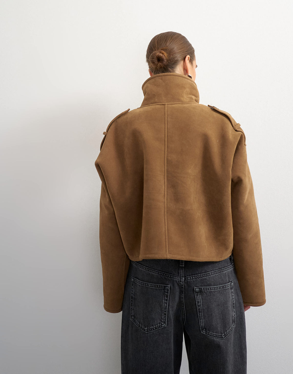 Topshop shearling double breasted short biker in tan