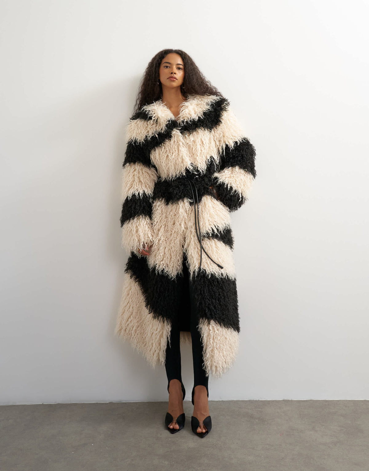 Topshop faux fur long collarless coat in mono print