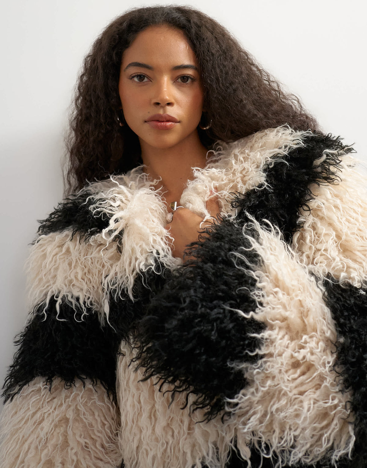 Topshop faux fur long collarless coat in mono print